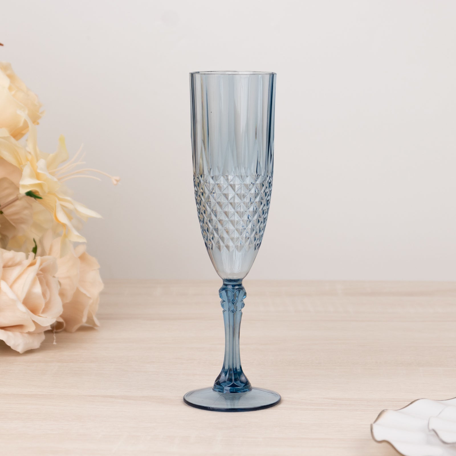 6-Pack Transparent Plastic Champagne Glasses 8oz, Crystal Cut Style Dusty Blue - Shatterproof Wedding Toast Flutes